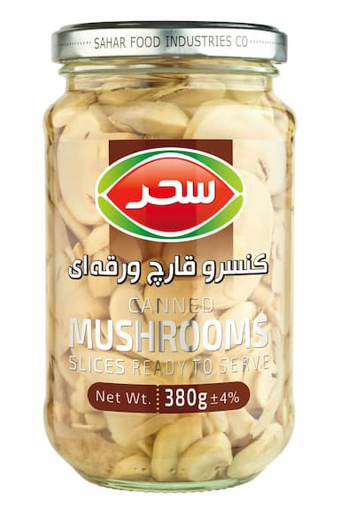 کنسرو قارچ ورقه‌ای شیشه وزن خالص 380 گرم