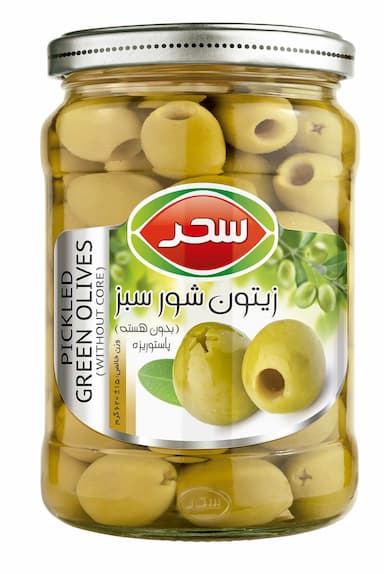 زیتون شور سبز (بدون هسته) شیشه وزن خالص 620 گرم
