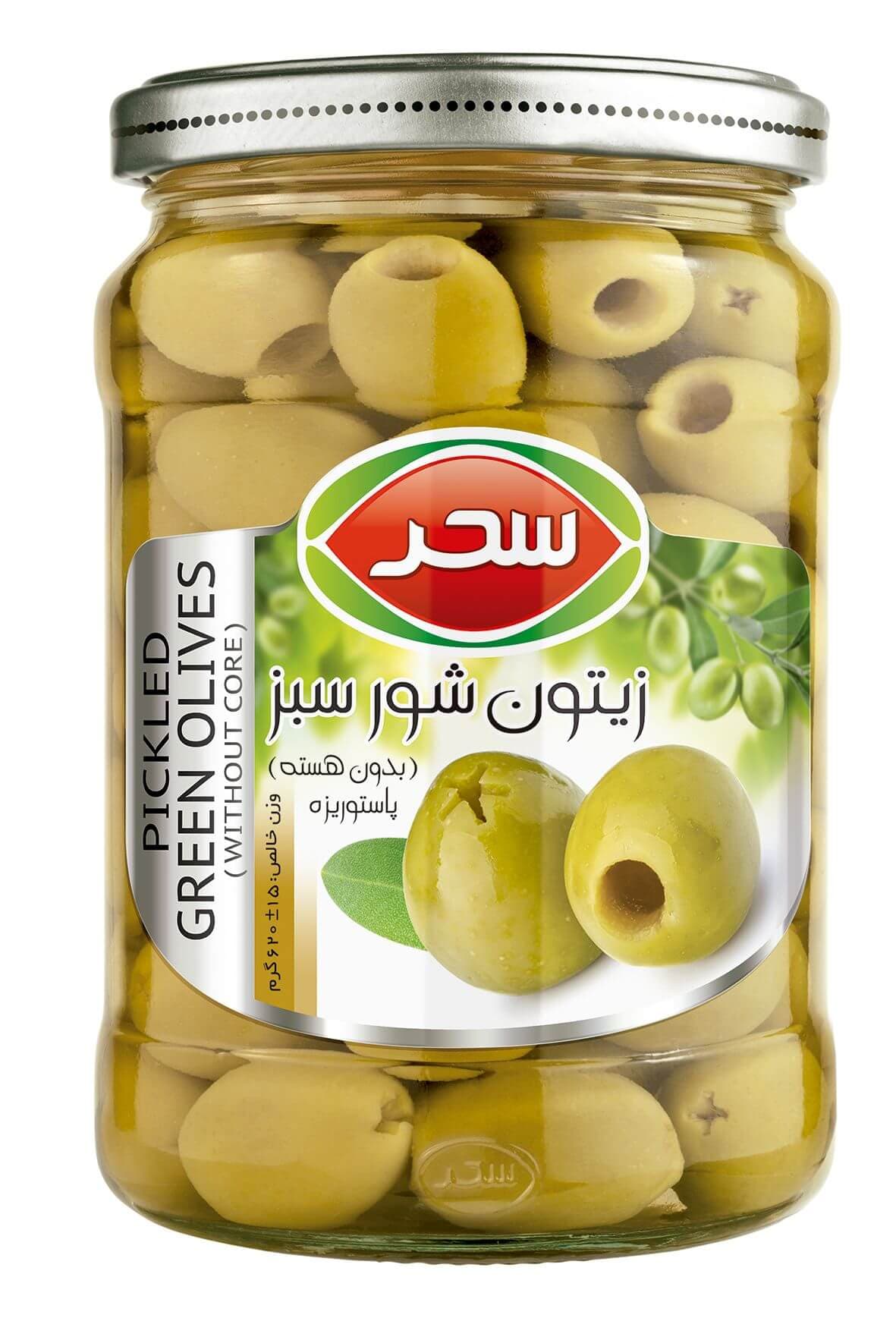 زیتون شور سبز (بدون هسته) شیشه وزن خالص 620 گرم