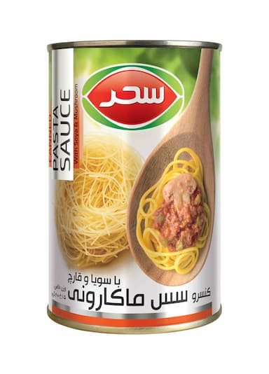 کنسرو سس ماکارونی با سویا و قارچ سحر در قوطی وزن خالص 400 گرم 