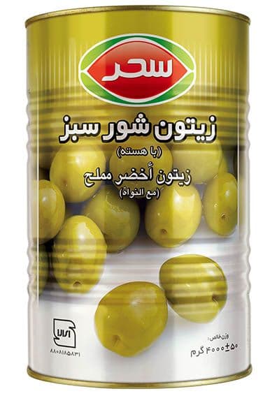 زیتون شور سبز قوطی (با هسته) وزن خالص 4000 گرم