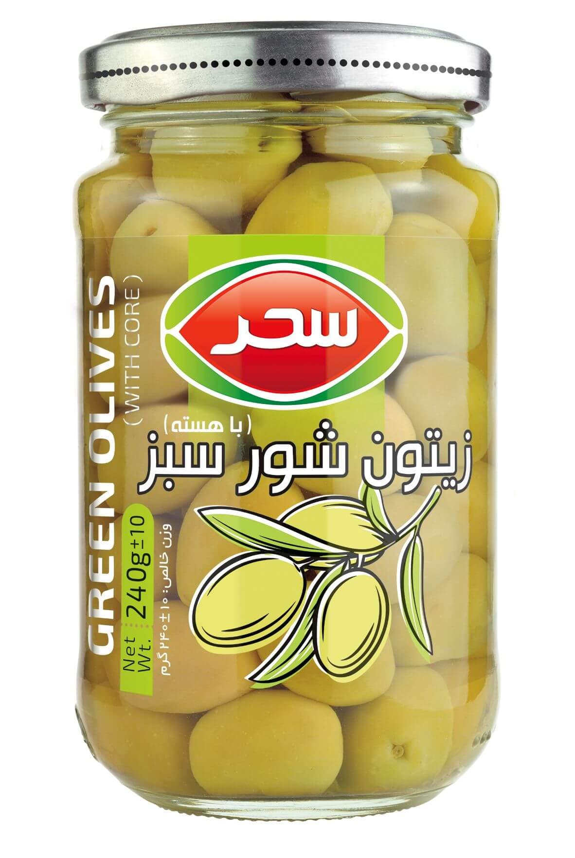 زیتون شور سبز (با هسته) شیشه وزن خالص 240 گرم