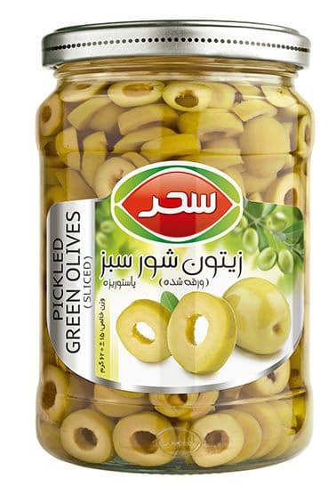 زیتون شور سبز ورقهای شیشه وزن خالص 620 گرم