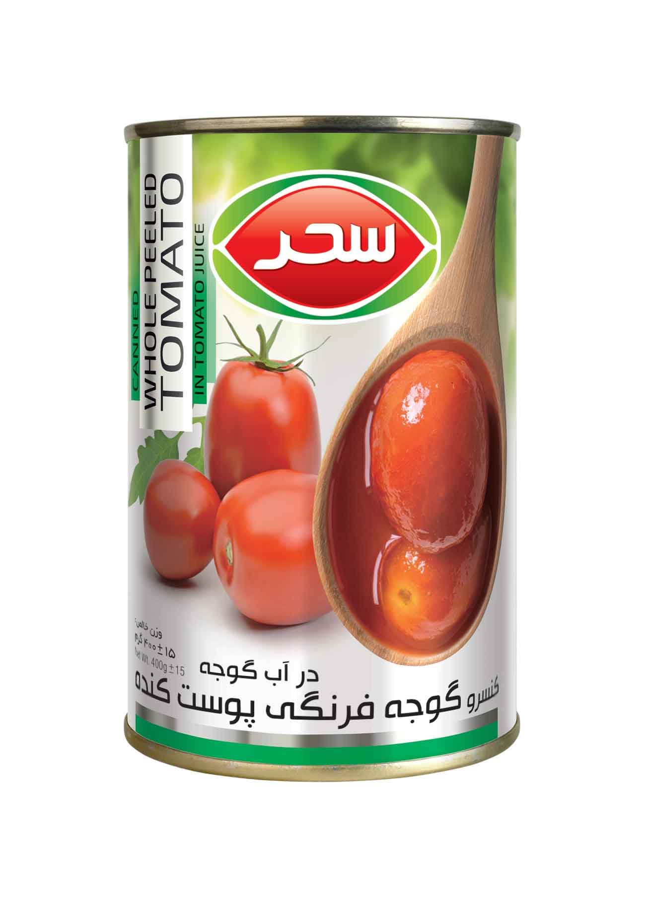 کنسرو گوجه پوست کنده در آب گوجه سحر قوطی وزن خالص 400 گرم