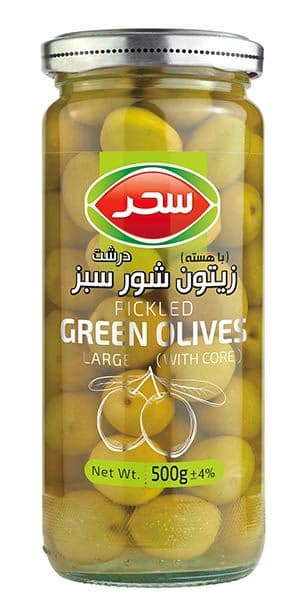 زیتون شور سبز درشت (با هسته) شیشه وزن خالص 500 گرم
